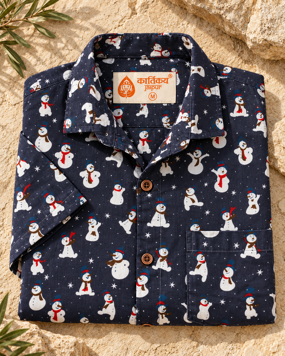 Men's Christmas Snowman Cotton Shirt Blue