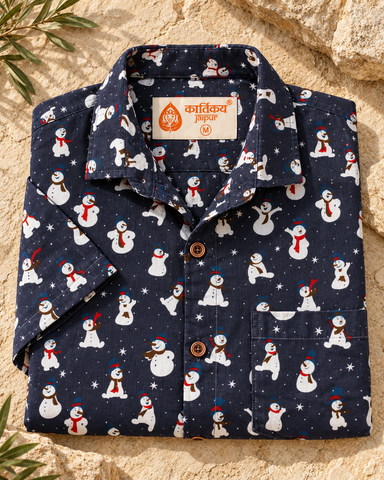 Men's Christmas Snowman Cotton Shirt Blue