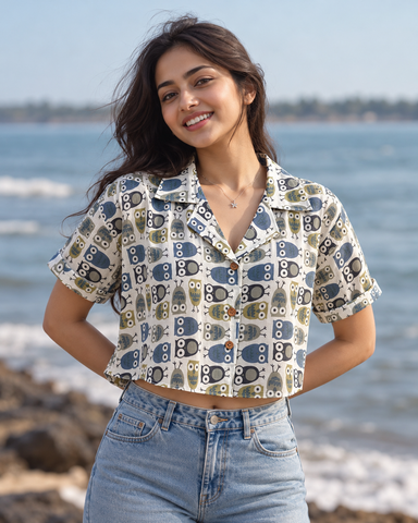 Cute Owl Print Crop Shirt for Women