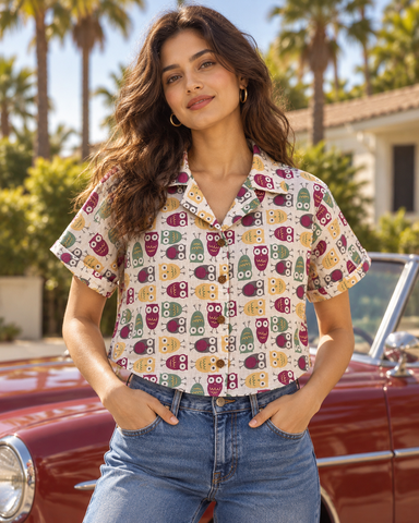 Quirky Vintage Animal Print Crop Shirt for Women