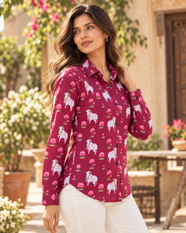 Womens Pichwai Cow Print Cotton Full Sleeves Shirt