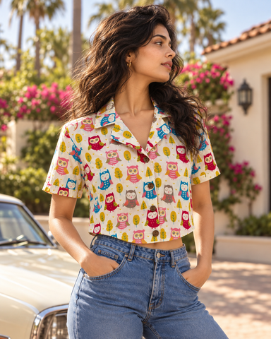 Cute Owl Print Crop Shirt for Women