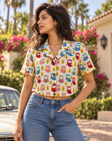Cute Owl Print Crop Shirt for Women