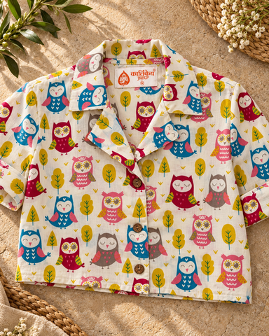 Cute Owl Print Crop Shirt for Women