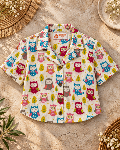 Cute Owl Print Crop Shirt for Women