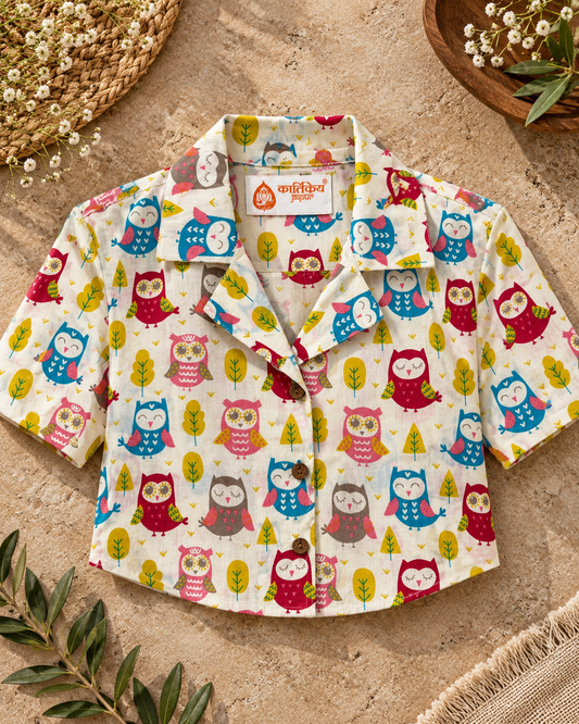 Cute Owl Print Crop Shirt for Women