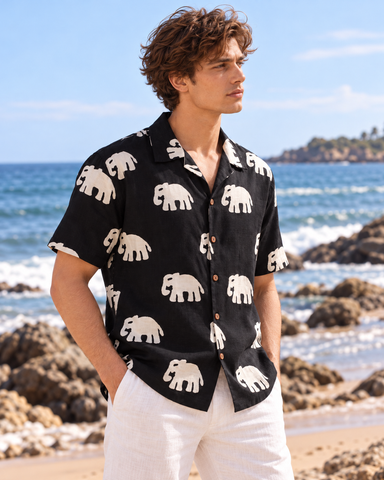 Elephant Print Bold Black Cuban Collar Shirt