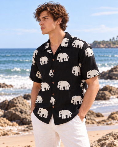 Elephant Print Bold Black Cuban Collar Shirt