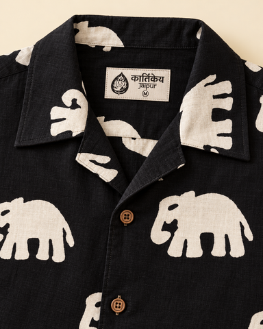 Elephant Print Bold Black Cuban Collar Shirt