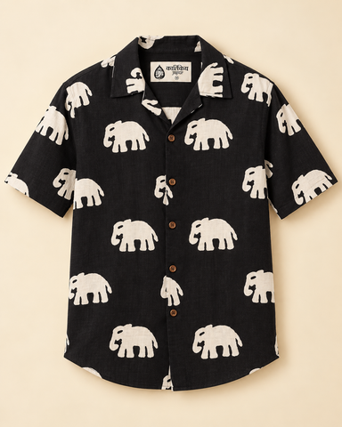 Elephant Print Bold Black Cuban Collar Shirt