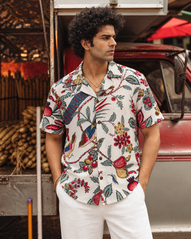 Jungle Print Cuban Collar Shirt for Men