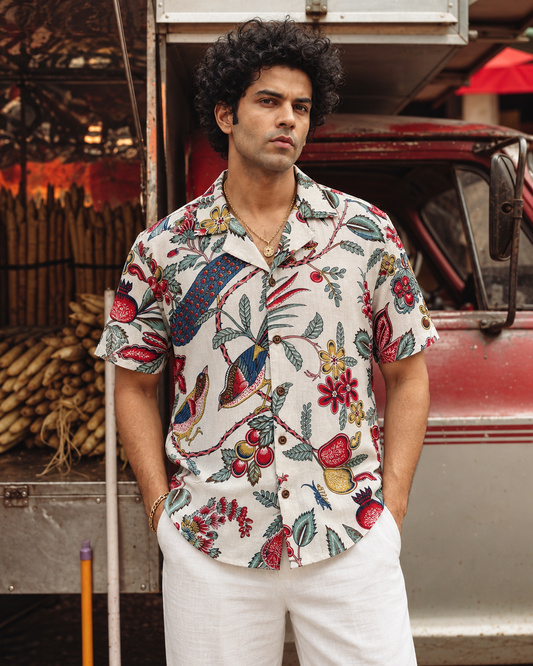 Jungle Print Cuban Collar Shirt for Men