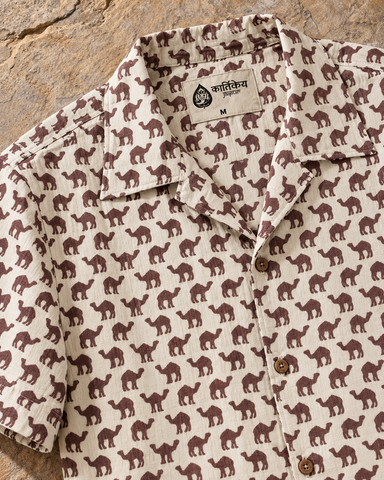 Brown Camel Print Cuban Shirt for Men