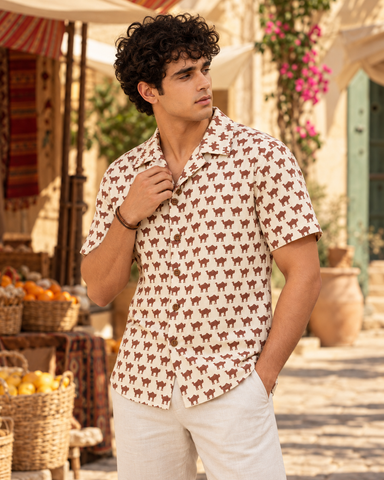 Brown Camel Print Cuban Shirt for Men