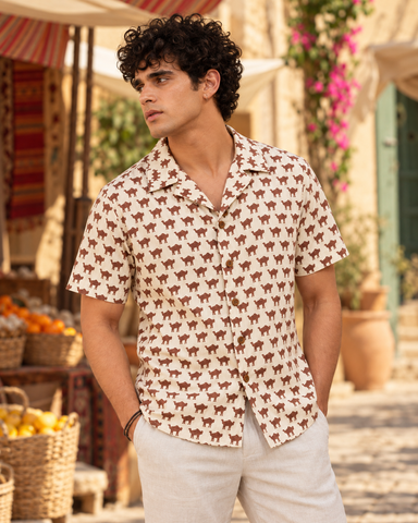 Brown Camel Print Cuban Shirt for Men