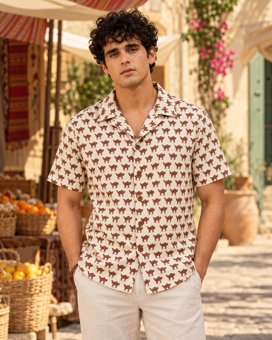 Brown Camel Print Cuban Shirt for Men