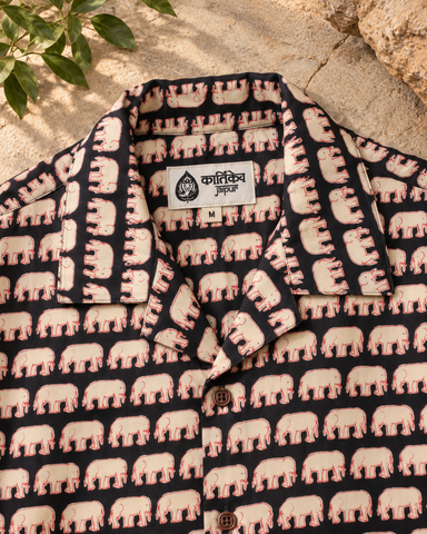 Black Camp Collar Elephant Print Cotton Men's Shirt