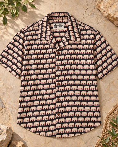 Black Camp Collar Elephant Print Cotton Men's Shirt