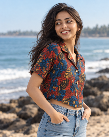 Floral Print Cotton Crop Shirt for Women