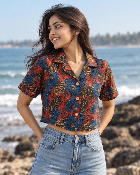 Floral Print Cotton Crop Shirt for Women