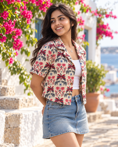 Tropical Floral Print Crop Shirt for Women