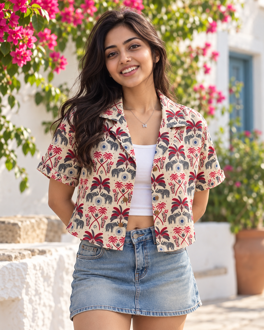 Tropical Floral Print Crop Shirt for Women