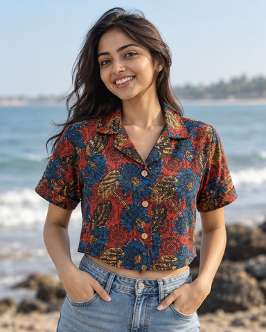 Floral Print Cotton Crop Shirt for Women