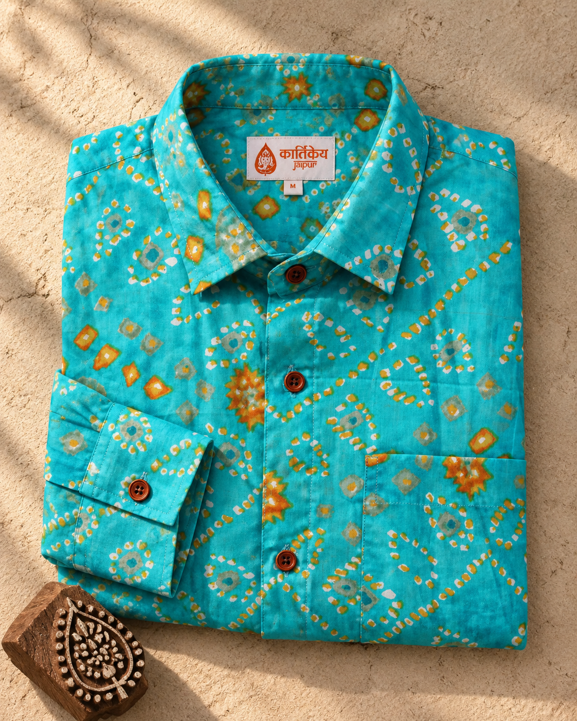 Ethnic Bandhej Print Festive Full Sleeve Turquoise Shirt