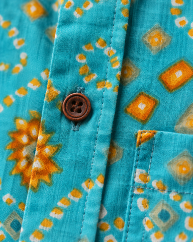 Ethnic Bandhej Print Festive Full Sleeve Turquoise Shirt