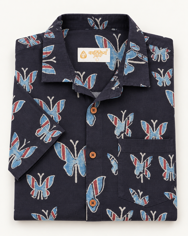 Classic Organic Ajrakh Butterfly Print Men's Half Sleeves Shirt