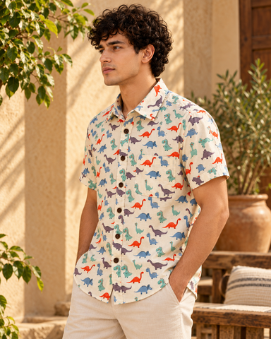 Cute Dino Print Cotton Shirt for Men by Kartikeya Jaipur
