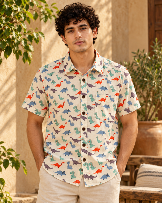 Cute Dino Print Cotton Shirt for Men by Kartikeya Jaipur