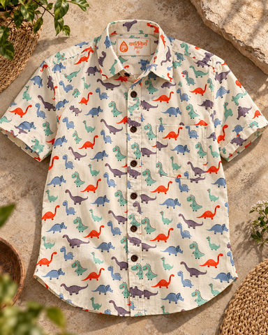 Cute Dino Print Cotton Shirt for Men by Kartikeya Jaipur