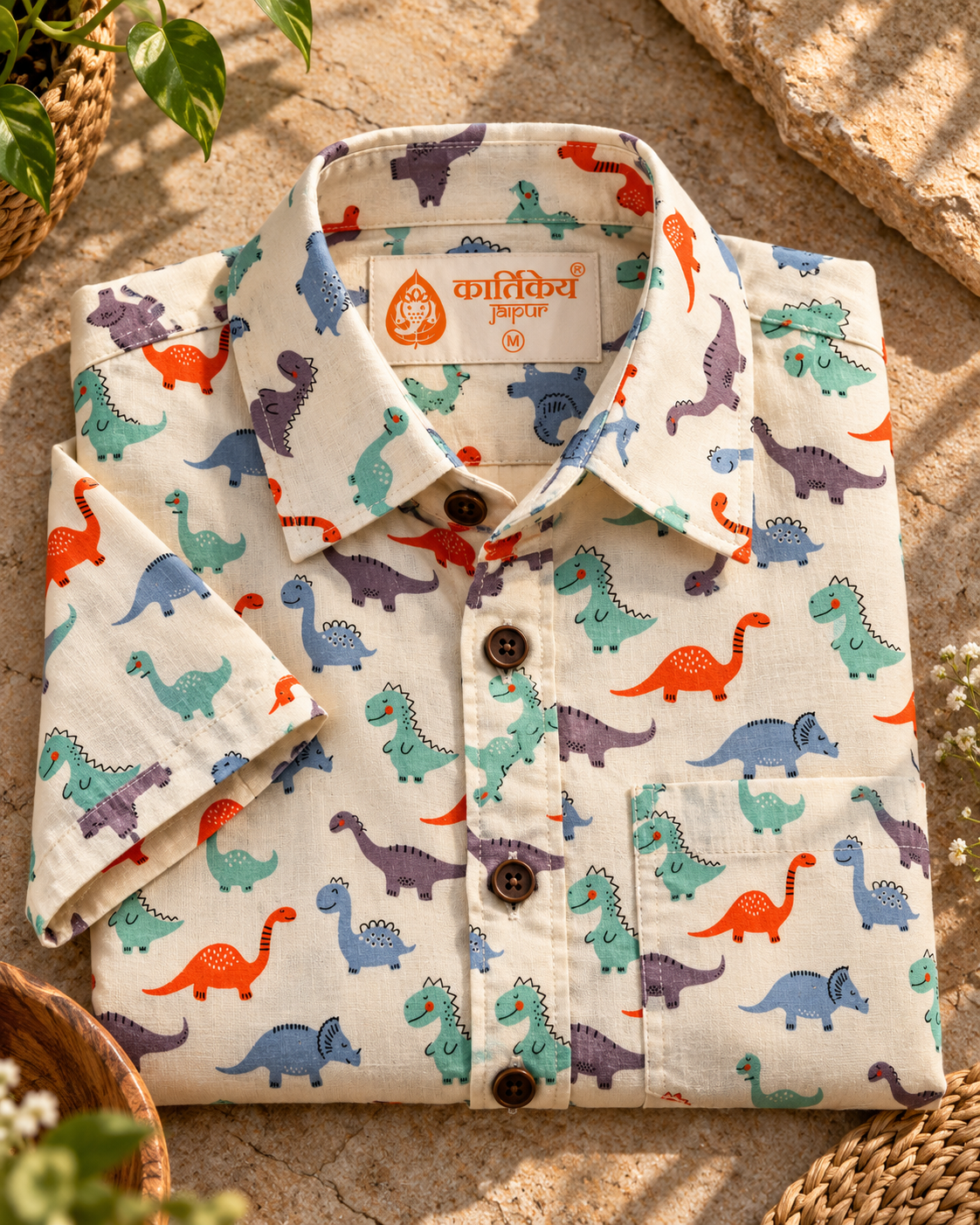 Cute Dino Print Cotton Shirt for Men by Kartikeya Jaipur