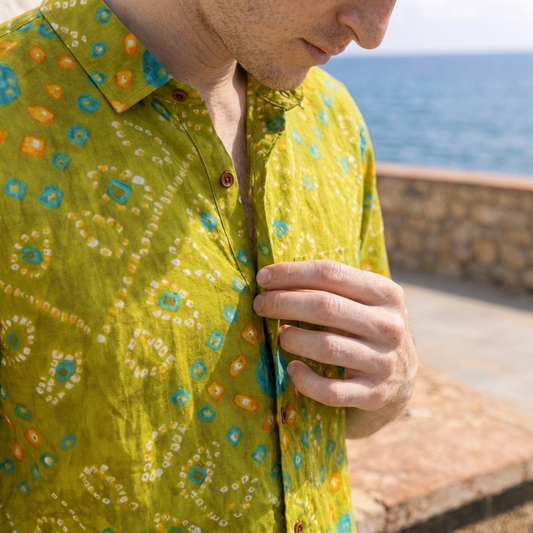 Olive Green Bandhej Print Men's Cotton Shirt - Prebook ( Dispatch by 28th June )