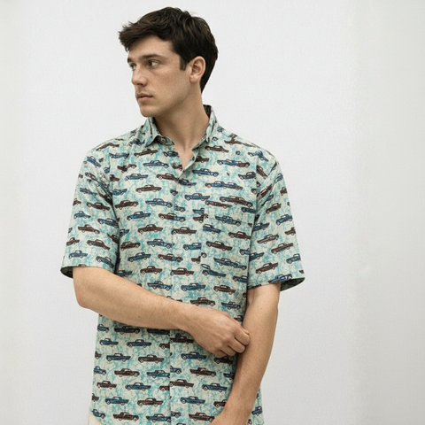 Vintage Car Print Half Sleeve Cotton Shirt For Men's