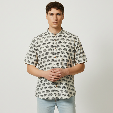 Traditional Elephant Print Cotton Shirt For Mens - Green