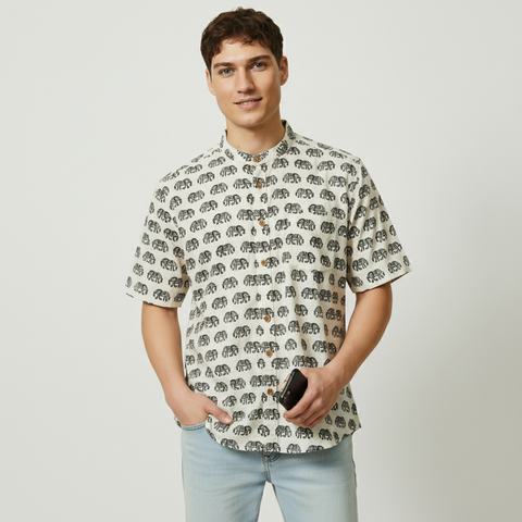 Traditional Elephant Print Cotton Shirt For Mens - Green