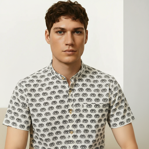 Traditional Elephant Print Cotton Shirt For Mens - Green