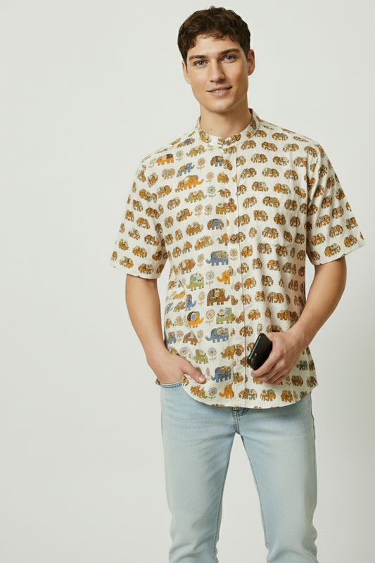 Vintage Elephant Print Cotton Shirt For Mens
