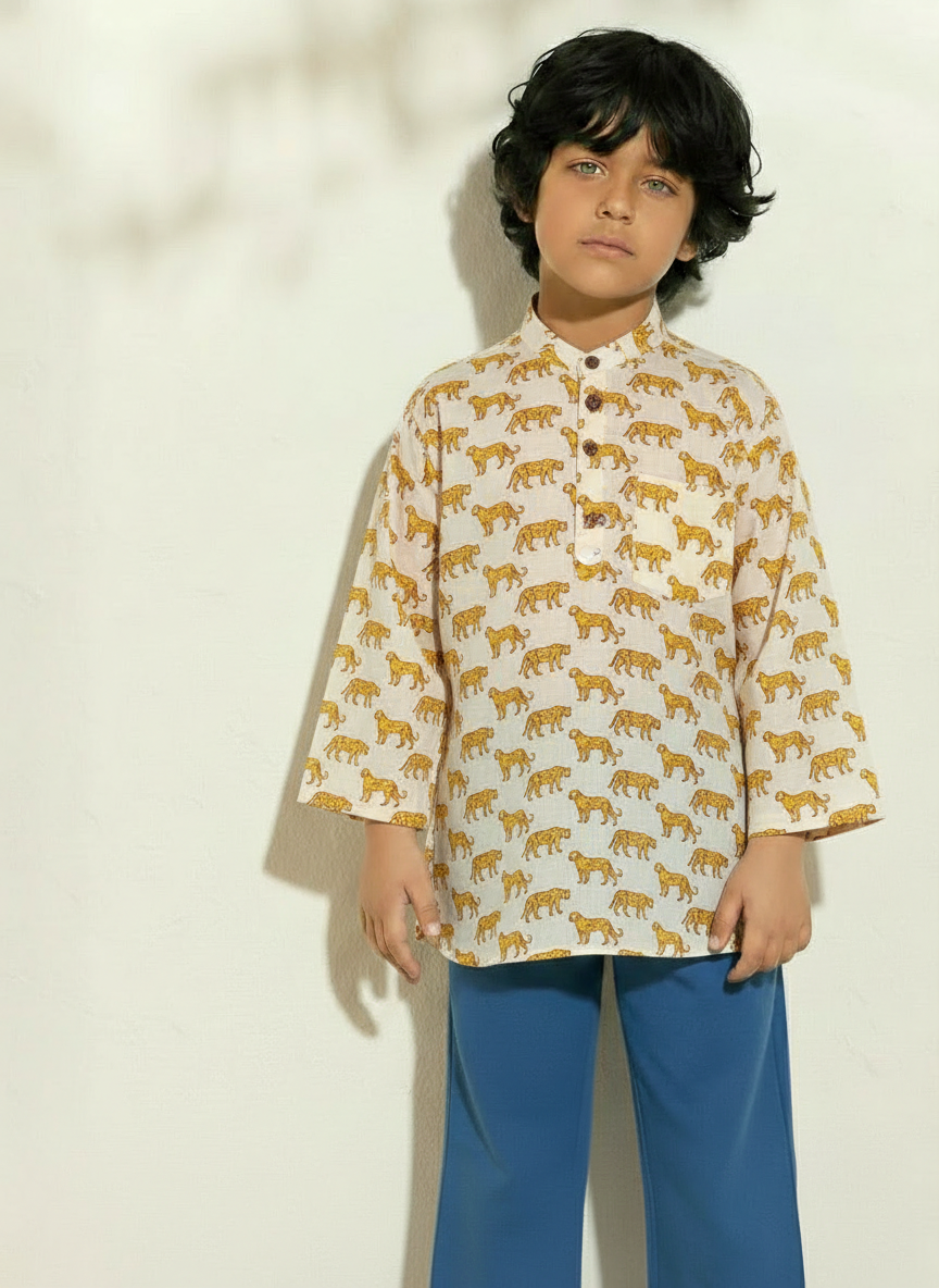 Leopard Print Cotton Short Kurta For Boys