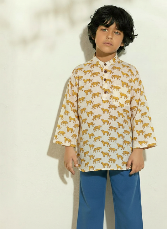 Leopard Print Cotton Short Kurta For Boys