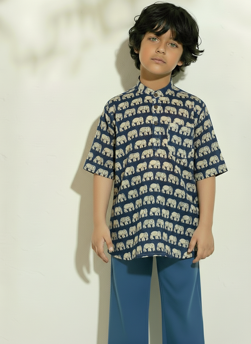 Traditional Print Cotton Short Kurta For Boys