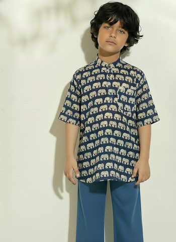 Traditional Print Cotton Short Kurta For Boys
