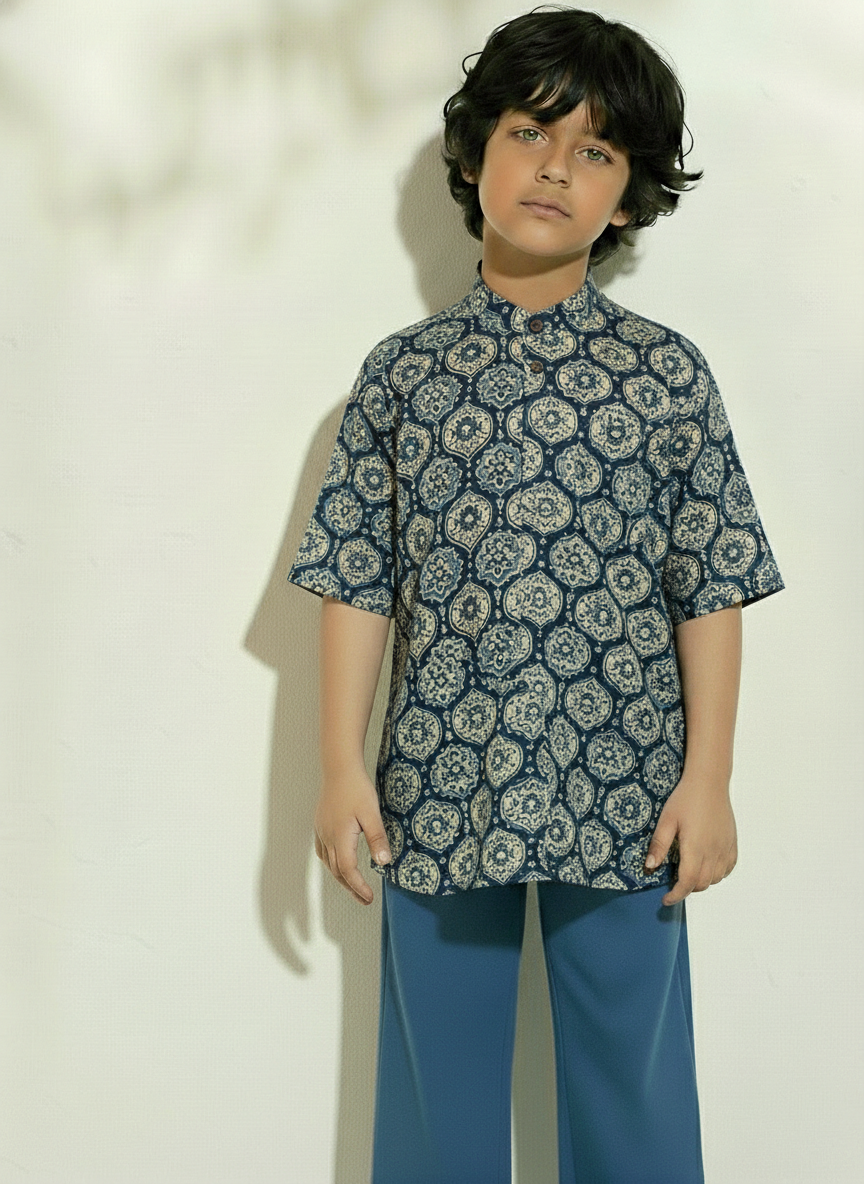 Classic Indigo Print Cotton Short Kurta For Boys