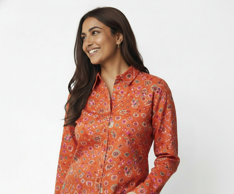 Women Traditional Bandhej Print Cotton Shirt - Orange
