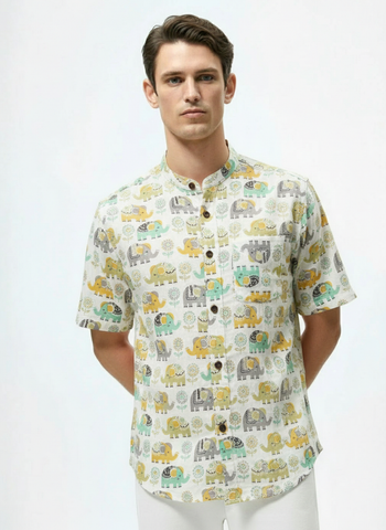 Mandarin Collar Elephant Print Cotton Shirt For Mens - Green