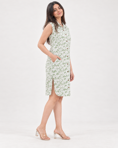 Floral Cotton Sleeveless Long Shirt Dress for Womens - Festive Edit
