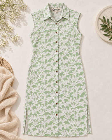 Floral Cotton Sleeveless Long Shirt Dress for Womens - Festive Edit