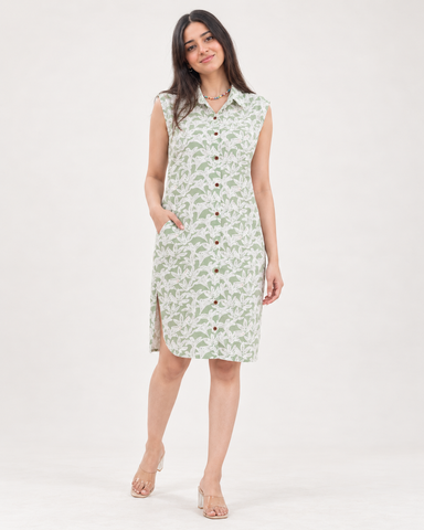 Floral Cotton Sleeveless Long Shirt Dress for Womens - Festive Edit